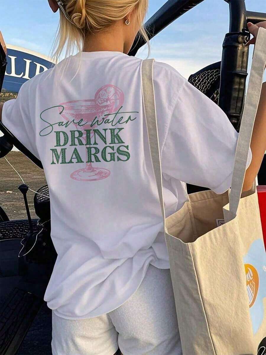 ropa de mujer 100% Algodón, Top Blanco para Mujer, Camiseta Blanca de Corte Holgado - Estampado de Margaritas Festivas, Top de Baño de Manga Corta con Cuello Redondo, Estilo Casual de Verano, Tela Ligera y Transpirable, Adecuado para Fiestas y Uso Diario (Primavera y Otoño) - Diseño Divertido "Save Water Drink Margs" 2026 - Conjuntos de Verano para Mujer, Camisetas Y2k para Mujer - Blanco - Ver 1