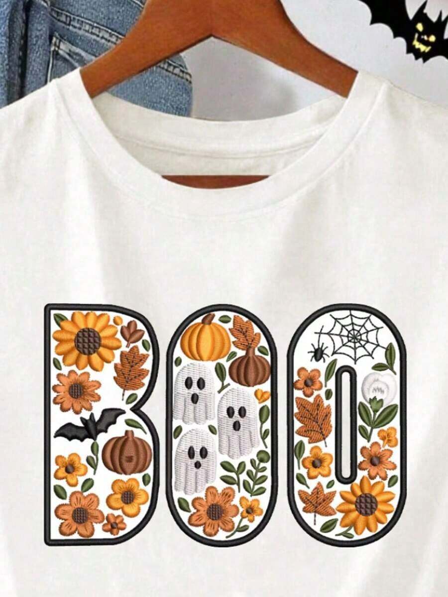 EMERY BOO Women's Short Sleeve T-Shirt With Designs Mimicking Embroidery Effects, Halloween Floral Lettering T-Shirt With Ghosts, Autumn Pumpkins And Flowers T-Shirt, Designs Mimicking Embroidery Effects. - 白色 - 查看 1