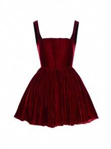 Nuevo Modelo Vestido Corto Tirantes Terciopelo Dorado Cuello Descubierto Eventos - Burdeos - Ver 5
