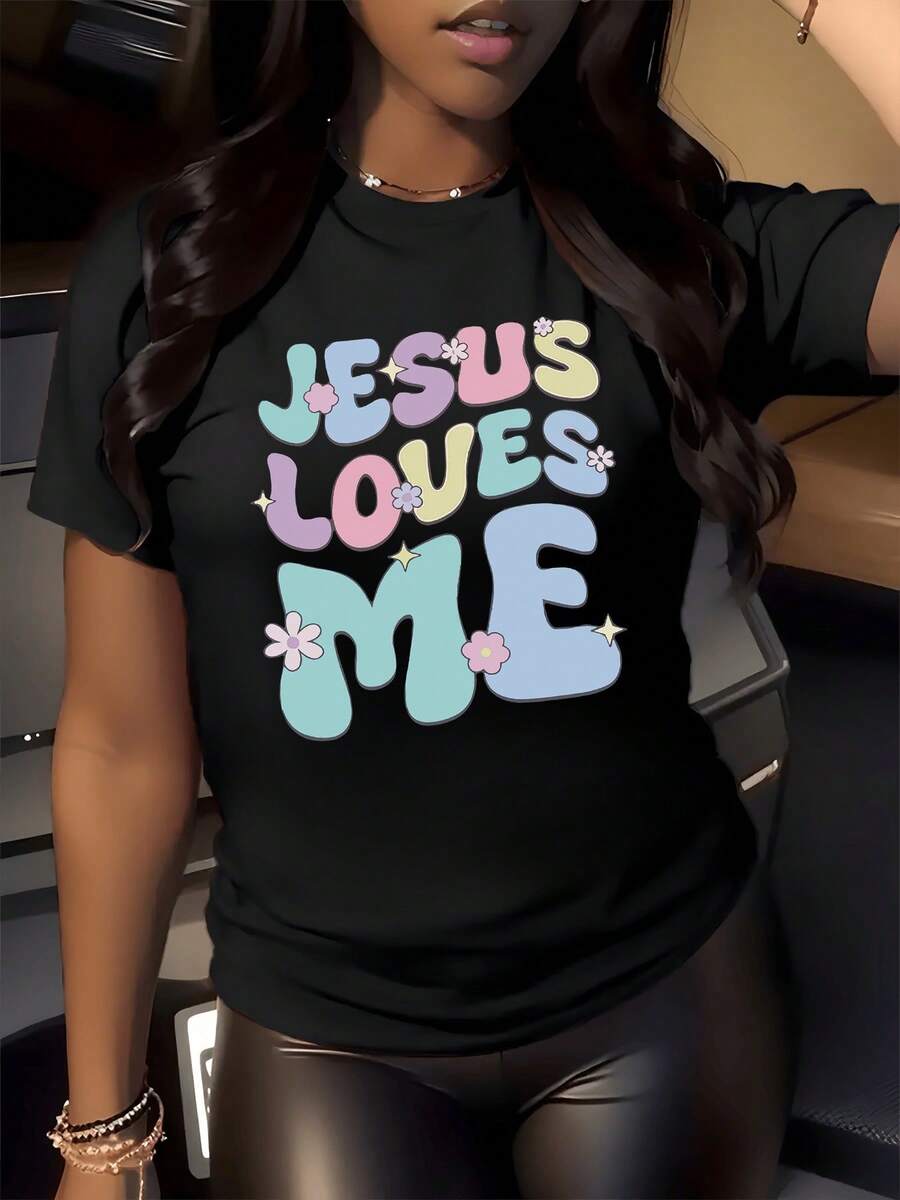 Colorful Words With A Spiritual Message Conveying Love, Hope, And Faith, Featuring Cheerful Typography And Pastel Flowers. A Modern, Comfortable, Casual Women's T-Shirt Perfect For Everyday Wear. - 黑色 - 查看 1