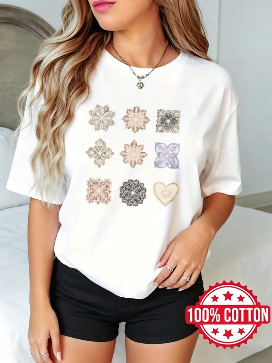 Camiseta de manga corta con cuello redondo y estampado para mujer, verano, casual Patrón de corazón de mandala floral S-3XL 100% aodón material