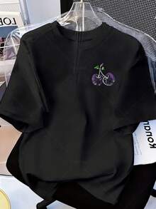 Plus Size T-Shirt For Women - Plus Size - Women's Plus Size Casual T-Shirt, Cherry Print, Summer Pink Top, Short Sleeves And Round Neck, Embodying The Latest , Perfect For Wearing In Spring And Summer, And An Ideal Gift For Easter And Mother's Day. - 黑色 - 查看 6