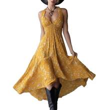 Nuevo 2026 Vestido Largo A Lunares Cuello en V Estilo A Mujer Verano - Amarillo - Ver 6