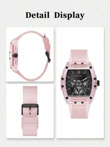 Guess Unisex Tonneau Skeleton Watch Pink Transparent Case Black Multifunctional Dial Silicone Strap Y2K Fashion Timepiece For Couple Matching Outfit Music Festival Night Out Streetwear Ideal Gift For Him Her BFF Birthday Anniversary Holiday - 粉色 - 查看 7