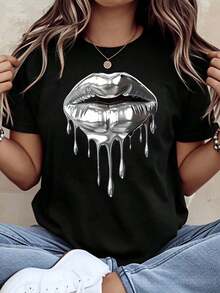 "Under The Radar" Graphic T-Shirt With Silver Lips Design, For Women, Casual Fashion, Summer Top, Urban Style, Designer T-Shirt For Daily Wear And Parties - Vintage Urban Style, Unisex, Cotton, Short Sleeve, Round Neck, Loose Fit. - 黑色 - 查看 7