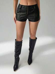 Shorts Casuales de Color Sólido con Cierre Frontal para Mujeres Altas, Micro Shorts - Azul Marino - Ver 11