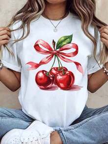 Camiseta de Cuello Redondo para Mujer con Estampado de Cereza y Lazo Rojo, Manga Corta, Estilo Casual de Verano - Blanco - Ver 6