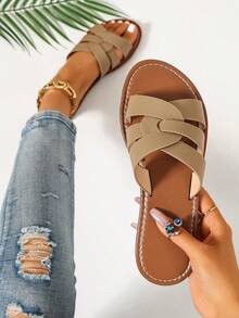 Ximi Ruo Sandal đế bằng nữ kiểu dáng La Mã, đan lát, hở mũi, thích hợp cho mùa xuân, hè, đi biển, du lịch và phối cùng váy. - Màu be - Xem 5
