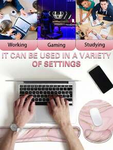 Bộ dụng cụ chơi game 4 trong 1 kèm kê cổ tay, bao gồm tấm lót chuột, thảm trải bàn, kê cổ tay bàn phím và đế lót ly, thiết kế công thái học phù hợp cho gia đình, văn phòng, học tập và chơi game. - Xem 5