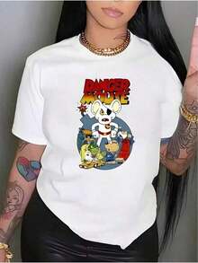 New Summer Arrivals. Women's Casual Printed T-Shirt, Summer Hit - Cartoon Character Print, Crew Neck, Short Sleeve, 100% Pure Cotton With Slight Stretch, Comfortable And Loose Top For Spring And Summer, Suitable For Outdoor Sports And Indoor Leisure. Comfortable And Versatile Short Sleeve Top. - 白色 - 查看 7