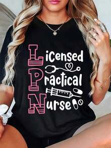 Camiseta de Enfermera Práctica LPN 100% Algodón con Licencia LPN - Estilo Urbano Vintage Unisex, Camiseta de Manga Corta de Algodón Suelto con Cuello Redondo - Negro - Ver 5