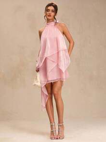 Vestido de satén de línea A con escote halter y espalda descubierta de unicolor amarillo/crema, adecuado para primavera/verano, vacaciones, playa, invitada elegante de boda, fiestas, ocasiones de otoño/invierno, Navidad elegante, Halloween - Rosa - Ver 8