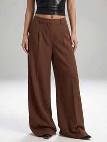 Pantalones casuales y versátiles de cintura alta con pierna ancha de unicolor - Café integral - Ver 3