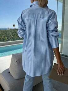 Camisa a rayas de manga larga para mujer talla grande, de corte holgado y casual para uso diario y en la primavera/verano, color rosa - Azul - Ver 4