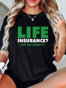 Talla grande, camiseta de marketing de s de vidara mujer de talla grande - Camiseta gráfica audaz "Pregúntame sobre pólizas", camiseta casual de cuello redondo verde y negra adecu para agentes, corredores, promociones, prenda superior de uso diario lavable a máquinarrofesionales - Negro - Ver 2