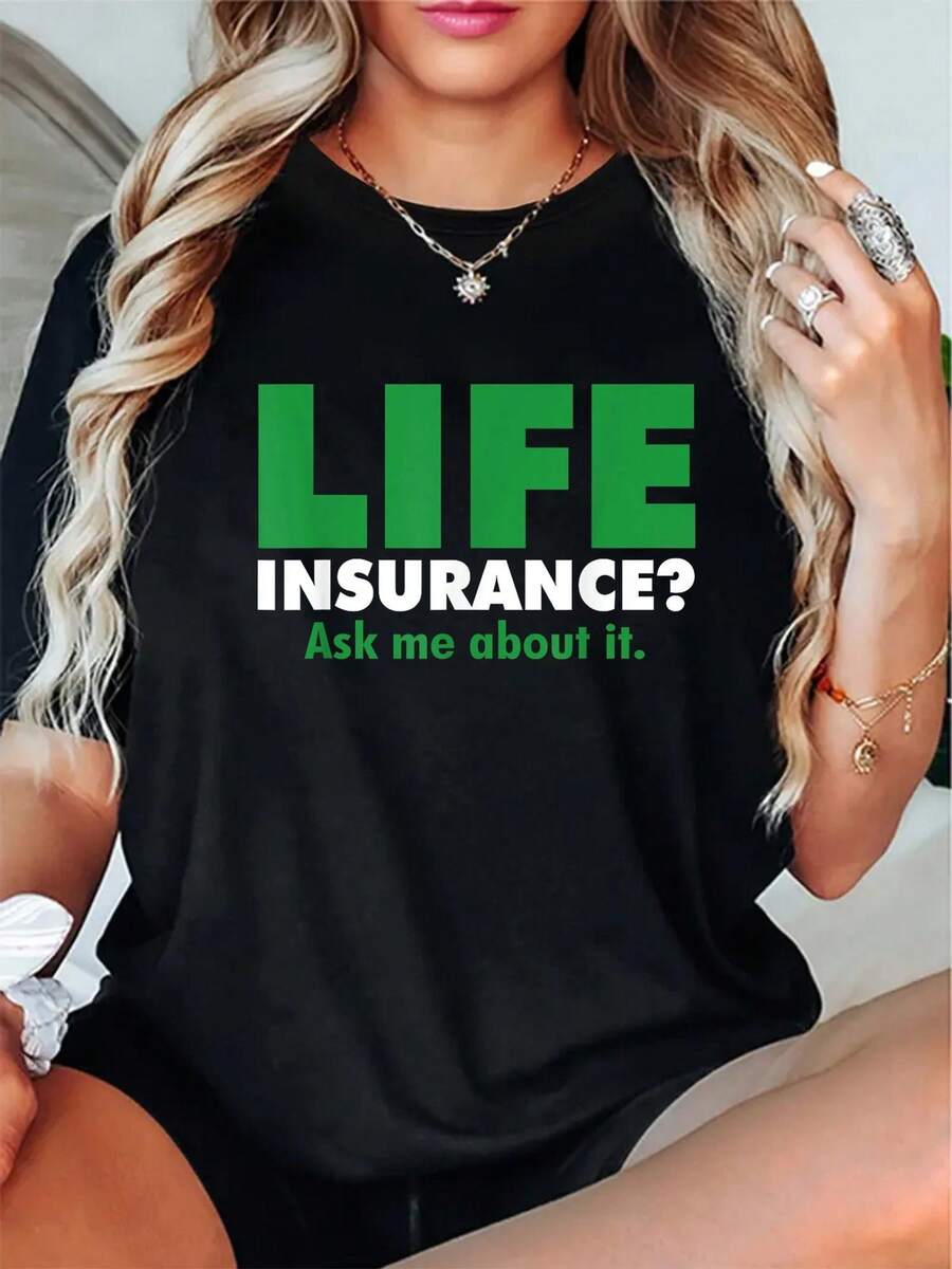 Talla grande, camiseta de marketing de s de vidara mujer de talla grande - Camiseta gráfica audaz "Pregúntame sobre pólizas", camiseta casual de cuello redondo verde y negra adecu para agentes, corredores, promociones, prenda superior de uso diario lavable a máquinarrofesionales