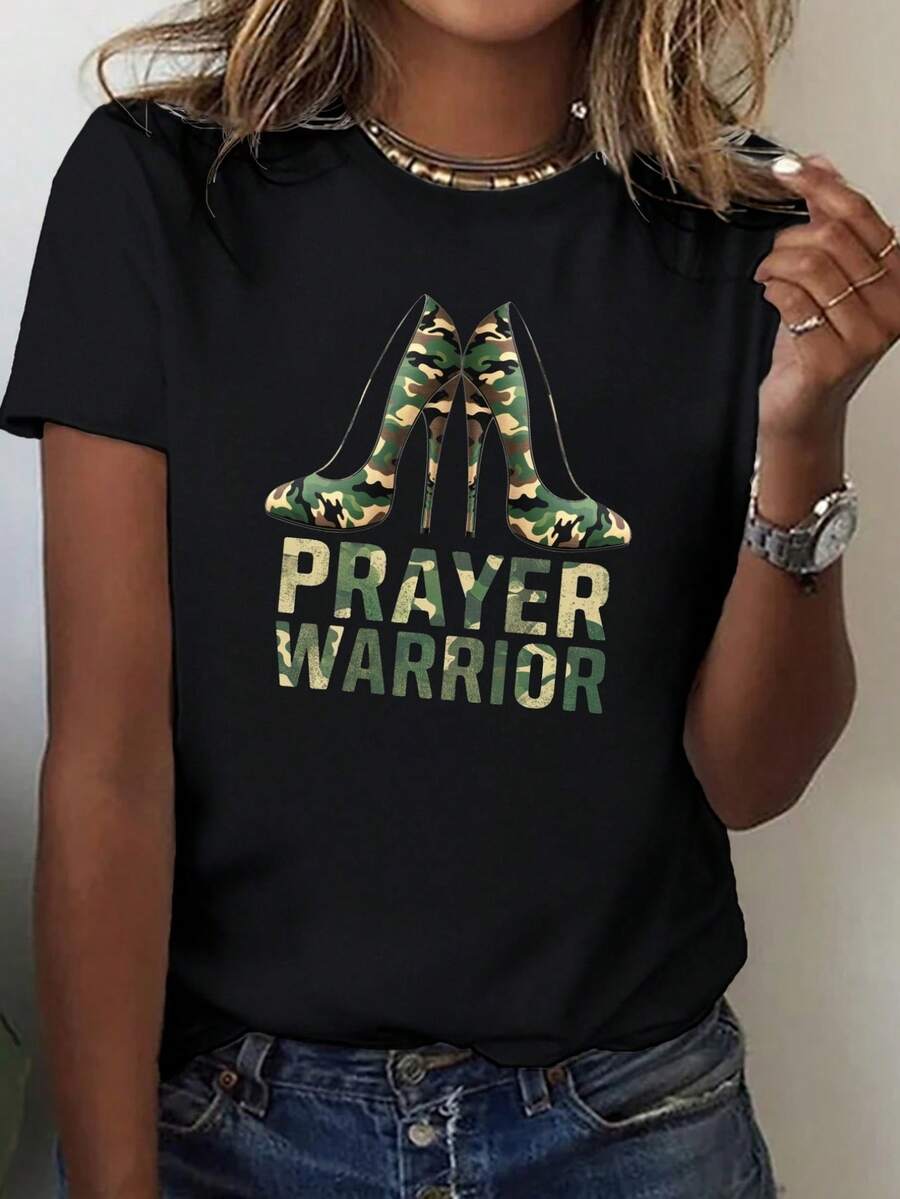 Camiseta de Mujer "Guerrera de Oración" con Tacón Alto | uste Cómodo, I para Todas las Estaciones, Estilo Casual, Cuello Redondo, Corte Regular, Estampado Geométrico, Manga Corta