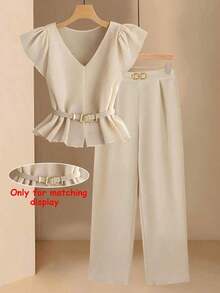 Conjunto informal de mujer con blusa de cuello en V plisada y pantalones de pierna ancha de unicolor - Albaricoque - Ver 9