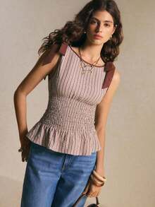 Blusa de cuadros verdes con cuello redondo, cintura con lazo y volantes en el bajo, hombros con lazo, para verano, tops de mujer, tops de verano, tops de concierto, tops de playa, tops con volantes, tops con lazo delantero, tops bohemios, tops de - Caqui 2 - Ver 7