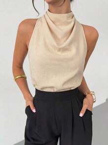 negra ajustada de estilo casual y elegante para la temporada de primavera/verano, con cuello asimétrico, sin mangas, escote halter, espalda descubierta y decoración de lazo - Caqui - Ver 2