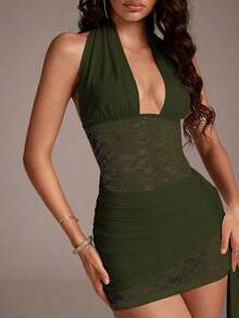 Vestido mini ajustado con escote en V profundo, parches de encaje y cintura con lazo para mujer, primavera/verano - Verde - Ver 8