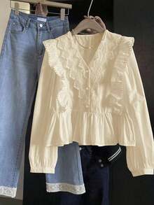 ii Blusa de manga larga con volantes, parches de encaje y unicolor casual blanca para primavera - Albaricoque - Ver 1
