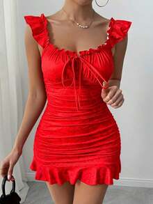 Vestido con estampado floral, volantes y bajo sexy para mujer - Rojo - Ver 6