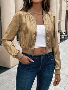 Chaqueta de béisbol con cremallera metálica dorada, puños acanalados, ajuste slim, elegante y versátil, cárdigan corto para ropa de fiesta de Año Nuevo - Dorado - Ver 3