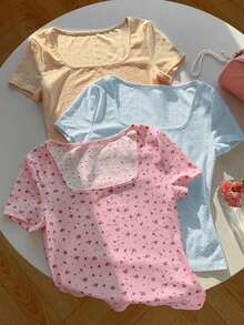 Set de 3 camisetas de cuello redondo de manga corta de punto con rayas minimalistas de estilo casual para mujer en colores café marrón y blanco, adecuadas para el uso diario, citas, reuniones, otoño/invierno/verano, Navidad, Año Nuevo, Acción - Multicolor 3 - Ver 2