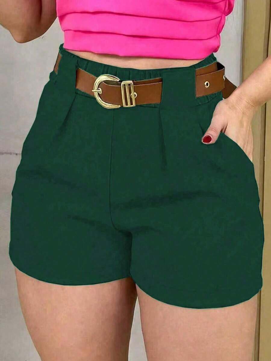 Pantalones cortos casuales de unicolor para mujer talla grande, versátiles para el verano - Verde Oscuro - Ver 1