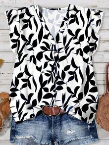 Camisa de mujer casual y minimalista con estampado botánico, adecuada para el verano - Blanco y Negro - Ver 3