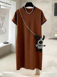 Vestido casual de mujer de cuello redondo y longitud media con estampado, para verano - Marrón - Ver 4