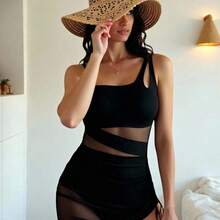 Swim Vcay Traje de baño de una sola manga con cordón, busto acolchado, empalme de malla, traje de baño sexy de una pieza con falda transparente negra, falda sexy para vacaciones, conjunto sexy negro, cubierta de traje de baño negro - A - Ver 2