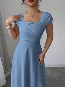 Vestido elegante de manga raglán y cuello cuadrado con detalle cruzado en el busto, de unicolor para mujeres - Azul - Ver 5
