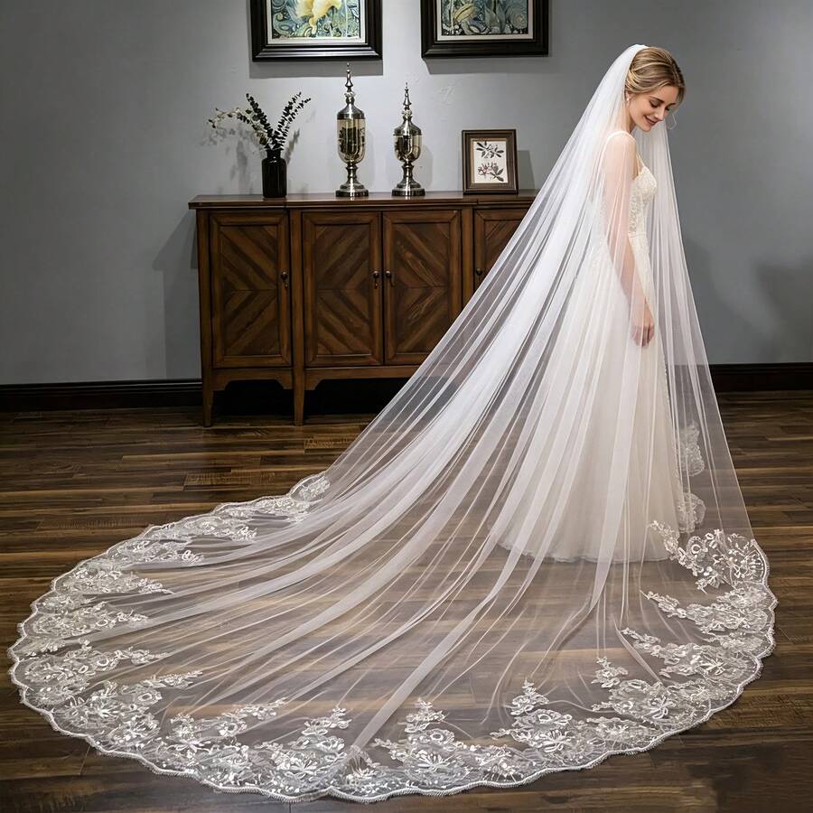 Lace Sheer Elegant Luxurious Veil, Suitable For Wedding Occasions