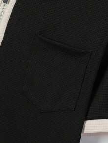 2pcs Men's Set: Contrast Color Half-Zip Waffle Polo Shirt + Drawstring Waist Casual Pants, Comfortable Breathable Stylish Color Block Outfit - 黑色 - 查看 7