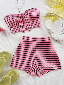 2 piezas Conjunto de top corto a rayas y shorts de cintura alta para mujer, adecuado para vacaciones, citas, té de la tarde, playa, crucero, viaje a la ciudad, festival de música, estilo bohemio de playa - Rosa Fucsia - Ver 7