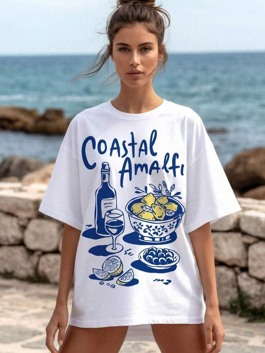 Camiseta de manga corta para mujer con estampado de limones de Amalfi, estilo casual, cuello redondo y hombros caídos. HO9R - Blanco - Ver 1