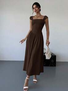 Vestido largo elegante con cuello cuadrado, mangas de campana y lazo en la cintura, con pliegues.Adecuado para citas, primavera/verano, vestidos de verano para mujeres - Marrón Chocolate - Ver 5