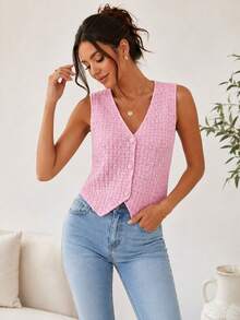 Women's Knitted Vest With Button Overlay, Simple Knit Fabric, Buttons At The Front - 淺粉色 - 查看 1