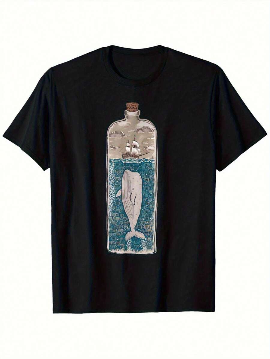 Camiseta Casual de Algodón para Hombre con Diseño de Ballena, Barco Náutico y Olas del Océano - 100% Algodón, Elástica, Cuello Redondo, Manga Corta, Tallas S-2XL, Lavable a Máquina, Comodidad para Todas las Temporadas - Negro - Ver 1