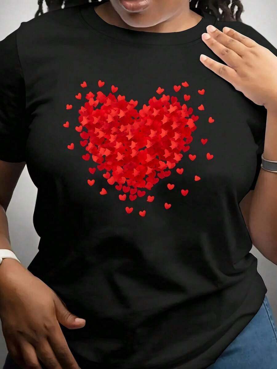 Camiseta de corazones voladores de San Valentín, Camiseta linda de corazones rojos para el Día de San Valentín, Suéter de corazones rojos voladores, Regalo lindo y femenino para el Día de San Valentín, Regalo para novia - Negro - Ver 1