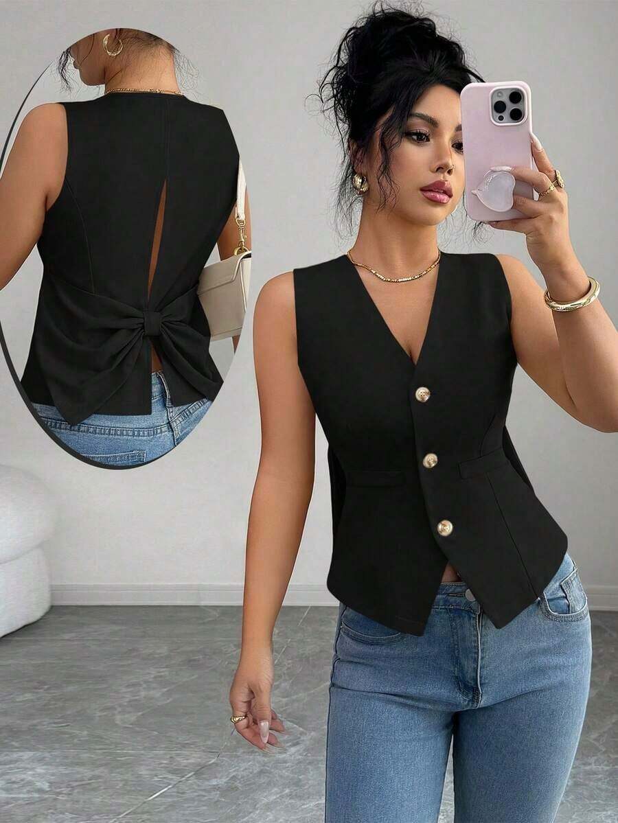 Camiseta de tirantes de mujer de algodón a rayas con lazo y escote en V sin espalda.Ajustada y que realza la figura, muestra por completo el encanto femenino.Adecuada para otoño e invierno, es una opción ideal para citas, vacaciones, ir al - Negro - Ver 1