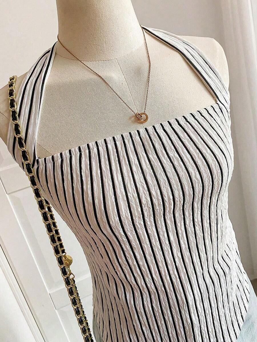 Top halter de mujer de rayas del estilo Y2K para el verano - Blanco y Negro 2 - Ver 1