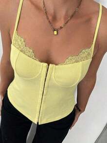 Camiseta de tirantes de uso diario versátil y casual con parches de encaje para mujer - Amarillo claro - Ver 4