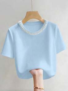Camiseta de manga corta con cuello redondo ajustado, con cuentas y acanalada, elegante para mujeres - Azul - Ver 3
