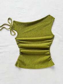 Blusa de punto con textura de burbujas de color albaricoque, cuello asimétrico con lazo en la cintura, ajuste ceñido, adecuada para fiesta, cita, paseo por la ciudad, viaje por carretera, playa de verano - Verde Oliva - Ver 2