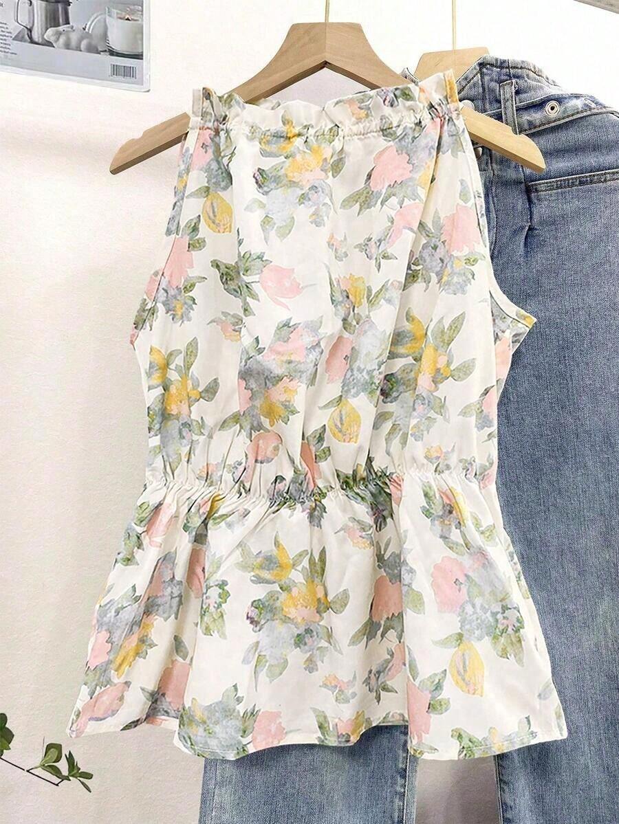 Blusa casual versátil de uso diario con estampado floral y pliegues para mujer - Rosa - Ver 1