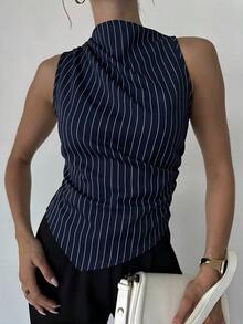 Camisa de satén con cuello plisado, sin mangas, elegante y sencilla, con dobladillo entallado, para oficina, en color beige - Azul marino - Ver 5