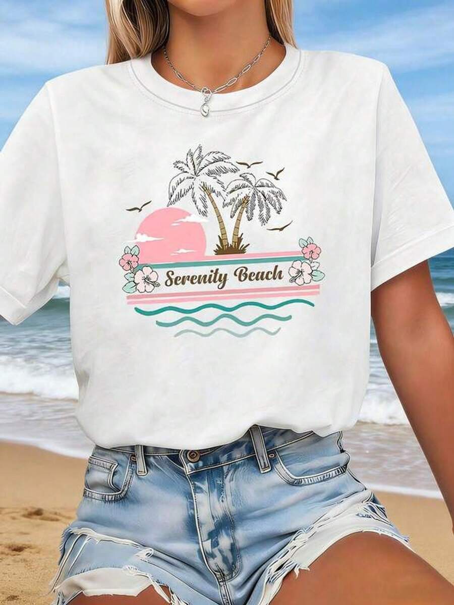 Plus Size - Plus Size - The Serenity Beach Vacation Style Features A Pink-Orange Sunset, Palm Trees, And Waves In A Printed Design. This Plus-Size Women's Casual Crew Neck T-Shirt Is Perfect For Everyday Wear, Shopping, Parties, And Commuting. - 白色 - 查看 1